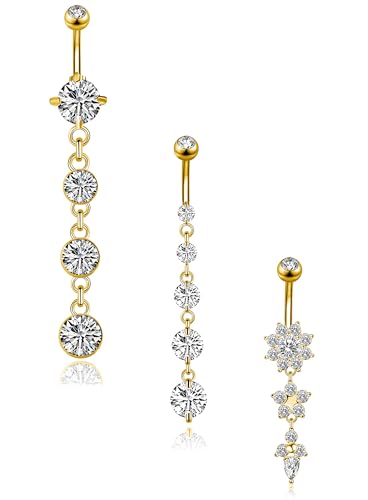3-6PCS 14G 316L Stainless Steel Belly Button Rings for Women Navel Rings Barbell Dangle Flower CZ Body Piercing - color: C: 3 Pcs Gold-tone