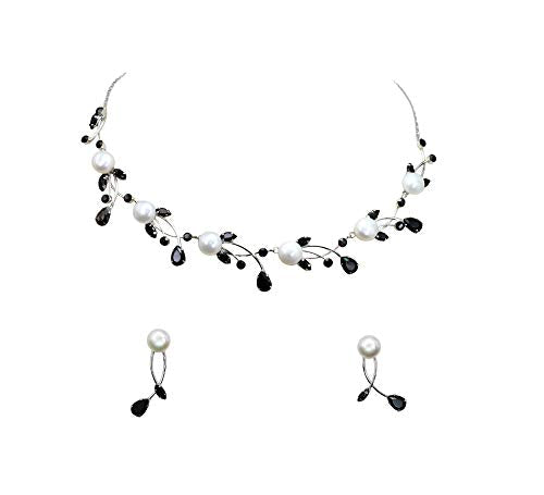 Faship Genuine 10mm Freshwater Pearls Floral Necklace Earrings Set | Premium CZ Crystal, Gorgeous, Sparkling - color: Black
