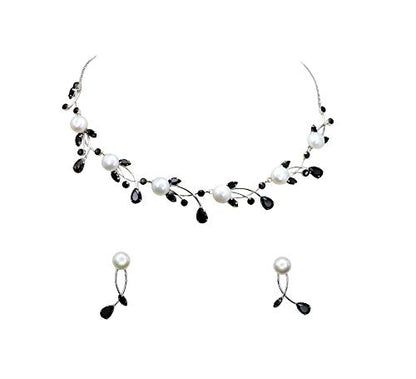 Faship Genuine 10mm Freshwater Pearls Floral Necklace Earrings Set | Premium CZ Crystal, Gorgeous, Sparkling - color: Black