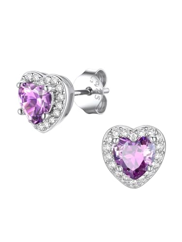FindChic Birthstone Earrings for Women, Round/Heart/Square/Teardrop Earrings with 925 Sterling Silver Posts & Push Backs, Hypoallergenic Studs with Cubic Zirconia, 12 Months Jewelry with Gift Box - style: 06. June-Alexandrite (Heart-Silver)