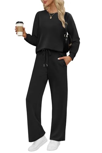 WIHOLL Lounge Sets for Women 2 Piece Travel Vacation Outfits Fall 2026 Sweatsuit Tracksuit - color: Black, size: X-Large