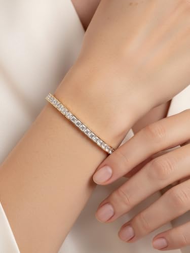 5A Cubic Zirconia Tennis Bracelet for Women, Rhodium/Yellow Gold Plated Hypoallergenic, Birthday Wedding Anniversary Jewelry - color: Princess Cut - White Gold