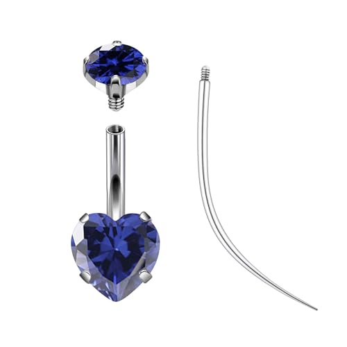 ASTM F136 Titanium Belly Button Rings 14G CZ Heart Belly Navel Rings 10mm Bar Body Piercing Jewelry Navel Ring With 1PCS Curved Piercing Taper - color: Blue CZ