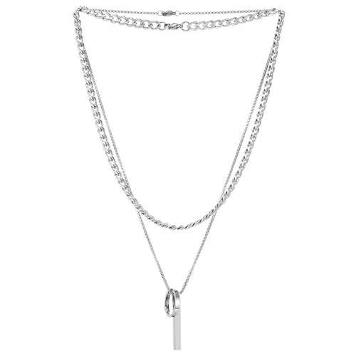 COOLSTEELANDBEYOND Men's Stainless Steel Layered Necklace Set, 3-Piece Stacked Chains, Geometric Hoop and Bar Pendant, Modern Minimalist Jewelry, Gift for Him