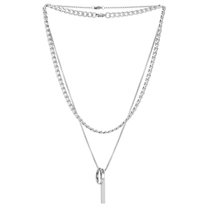COOLSTEELANDBEYOND Men's Stainless Steel Layered Necklace Set, 3-Piece Stacked Chains, Geometric Hoop and Bar Pendant, Modern Minimalist Jewelry, Gift for Him