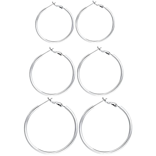 3 Pairs Sterling Silver Large Hoop Earrings Set for Women 40 50 60MM | 14K White Gold Plated, Hypoallergenic - style: C:Silver 40mm 50mm 60mm Gift Box