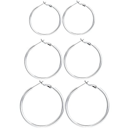 3 Pairs Sterling Silver Large Hoop Earrings Set for Women 40 50 60MM | 14K White Gold Plated, Hypoallergenic - style: C:Silver 40mm 50mm 60mm Gift Box