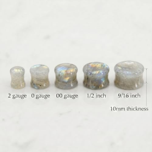 Pair of White Labradorite Stone Saddle Plug Double Flare Ear Lobe Plugs E604A - size: 1/2 Inch (12mm)