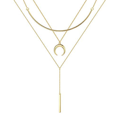 Turandoss Gold Layered Necklaces for Women - 14K Gold Plated Handmade Multilayer Bar Pearls Coin Disc Moon Butterfly Medallion Adjustable Dainty Layered Choker Necklaces for Women Jewelry - style: "3PCS -14k-Gold-Plated Chain&Crescent&Bar