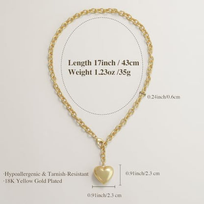 Puffy Heart Pendant Necklace for Women | Long and Short Pendant Necklace with 18K Gold Plated Heart Charm Statement Fashion Jewelry Gift - size: Short, style: Gold Chain & Heart