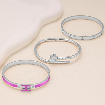 3Pcs Gold Bracelets for Women 14K Gold Plated Love/H/Nail Bangle Bracelet Dainty Non Tarnish Bracelet Jewelry Christmas Mothers Day Gifts for Women - color: 3Pcs Silver/Purple H bracelet