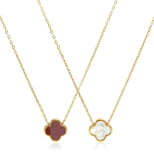 Four Leaf Clover Necklace 18K Gold Plated Necklaces for Women Lucky Flower Pendant Adjustable Link Chain Stainless Steel Dainty Trendy Simple Jewelry Gifts for Women - color: 1G-Red+White