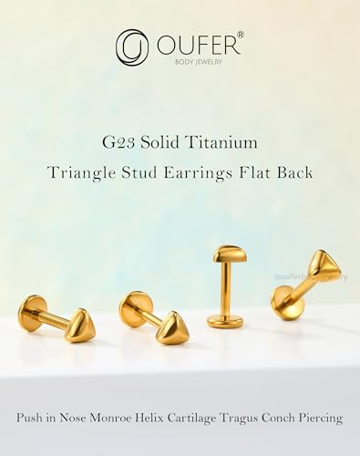 OUFER G23 Titanium Threadless Labret Studs – Flat Back Push Pin Earrings for Tragus, Helix, Monroe, Conch, Lip Piercing – 16G/18G, 6MM/8MM - color: Gold-Tri, size: 16g 6mm