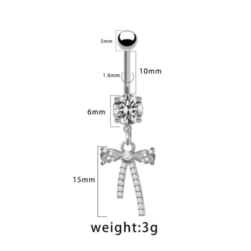 14G CZ Bowknot Dangle Belly Button Rings for Women 316L Surgical Steel Cubic Zirconia Crystal Bow Dangling Belly Navel Rings Silver Curved Barbell Navel Piercing Jewelry