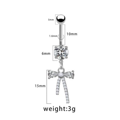 14G CZ Bowknot Dangle Belly Button Rings for Women 316L Surgical Steel Cubic Zirconia Crystal Bow Dangling Belly Navel Rings Silver Curved Barbell Navel Piercing Jewelry