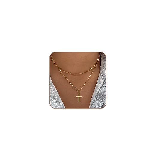 Poxtex Cross Necklace for Women Teen Girls, Dainty 14K Gold Silver Plated Cross Choker Jewelry Non Tarnish Waterproof Cute Simple Small Necklace Christian Baptism Religious Faith Jewelry Gifts - color: 08 Stack Cross CZ Necklace - Gold