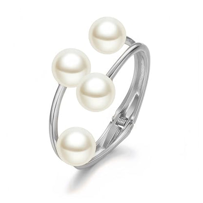 Gold Pearl Hand Cuff Bracelets for Women Chunky Large Pearls Cuffs Statement Bracelet Luxury Big Fake Faux Pearl Ball Handcuffs Jewelry Unique Pearly Gifts - color: Silver