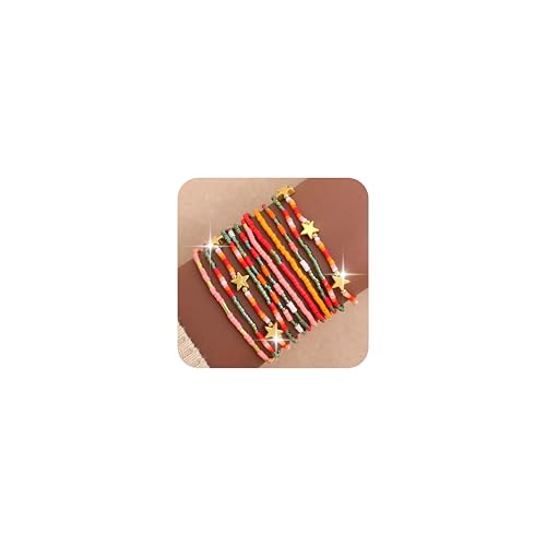 Gold Seed Beaded Bracelets Set for Women, Boho Handmade Friendship Stretch Summer Beach Jewelry Gift. - color: Fall Orange Red Green