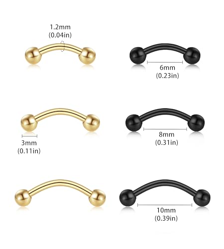 F136 Titanium Eyebrow Piercing Barbell Bent Barbell Ball Ring Screw Back - color: C-Gold+Black