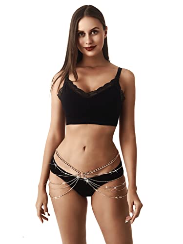 Rhinestone Body Chains Jewelry For Women And Girls Sexy Belly Waist Chain Bikini Beach Accessories Suitable for a Variety of Carnival scenes - style: Small-30INCH -GOLD