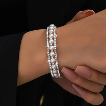 Pearl Bracelets for Women Dainty Gold Pearl Stretch Stackable Bracelet Bridesmaid Wedding Jewelry Gifts Prom Wedding Guest Dress - color: Q1:Silver Pearl Bracelet