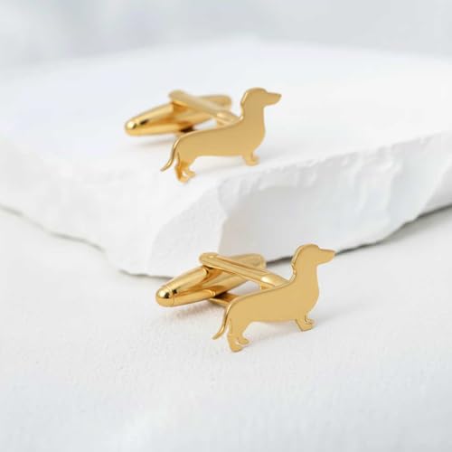 Men’s Dachshund Cufflinks – Stainless Steel Dog-Themed Cuff Links with Gift Box & Polishing Cloth – Available in Silver & Gold - color: golden
