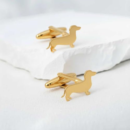Men’s Dachshund Cufflinks – Stainless Steel Dog-Themed Cuff Links with Gift Box & Polishing Cloth – Available in Silver & Gold - color: golden