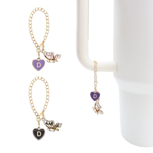 Rhinestones Letter Pendant for Stanley Cup,2PCS Initial Name ID Personalized Handle Charm for Water Bottle Tumbler Stanley Cup,Heart Shape & Four Leaf Clover Identification Charms Chain - color: black and purple, size: Purple butterfly-D