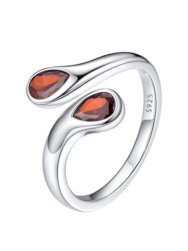 Bestyle Silver Birthstone Ring for Women, Dainty Sterling Silver Teardrop Ring Open Adjustable Band Ring, Love Statement TOI et Moi Ring Promise Ring for Her - color: 07.July( Ruby)