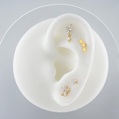 FINE4U 1PC ASTM F136 Titanium 16G Flatback Stud for Tragus, Helix, Conch 6mm 8mm - Screw on Cartilage Earring Piercing Jewelry - color: CZ Flower - Gold