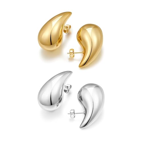 2 Pairs Gold/Silver Hoop Earrings For Women Set Trendy,14K Plated Gold Chunky Huggie Hoop Earings Pack,Oval Twisted Statement Silver Hoops,Fashion Jewelry Gift - color: 9) conch stud