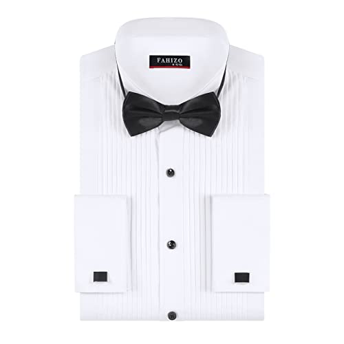 FAHIZO Men's White Tuxedo Shirt with Wing Collar, French Cuffs & Accessories - color: Bow Tie/White-a, size: Medium