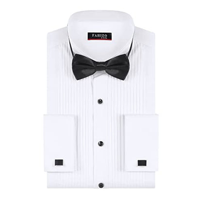 FAHIZO Men's White Tuxedo Shirt with Wing Collar, French Cuffs & Accessories - color: Bow Tie/White-a, size: Medium