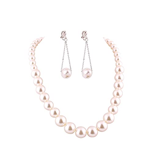 Handmade Faux Pearl Necklace and Clip on Earrings Jewelry Sets for Women Bib Choker Collar Necklace - color: White-Necklace+Tassel Clip Earrings