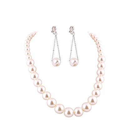 Handmade Faux Pearl Necklace and Clip on Earrings Jewelry Sets for Women Bib Choker Collar Necklace - color: White-Necklace+Tassel Clip Earrings