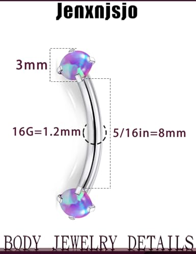 Jenxnjsjo 16g 8/10mm Eyebrow/Rook/Snug/Vertical-Labret/VCH/Snake-Eyes/Anti-Tragus/Cartilage/Daith/Belly-Button/Bridge/Hood/Surface Curved Barbell Piercing Jewelry for Women Men - color: Opal-P / Turquoise-P / CZ-P, size: 8mm