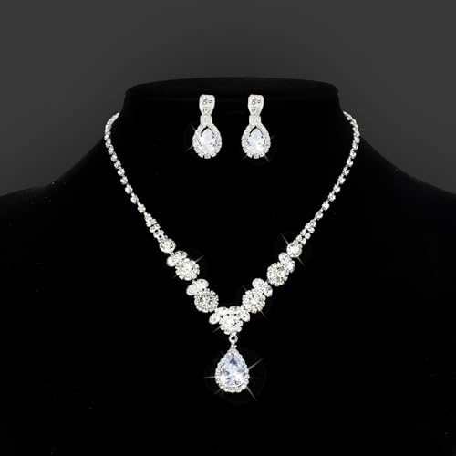 CIEHER Silver 2/3 Pieces Women Jewelry Set - Drop Necklace + Crystal Teardrop Dangle Earring Clips, Crystal Clip On Earrings Silver Non Pierced - style: Clip On - Style B