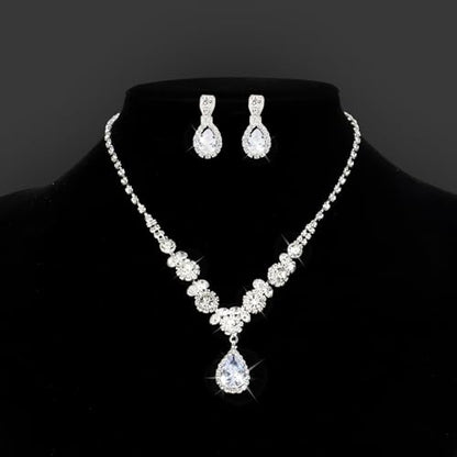 CIEHER Silver 2/3 Pieces Women Jewelry Set - Drop Necklace + Crystal Teardrop Dangle Earring Clips, Crystal Clip On Earrings Silver Non Pierced - style: Clip On - Style B