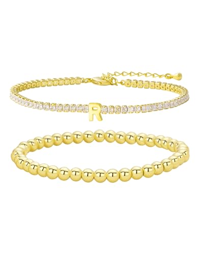 14K Gold Plated Bracelets for Women Dainty Tennis Initial Bracelet Trendy Beaded Stackable Charm Bracelets Layered Waterproof Bracelet Dainty Bracelet for Women Jewelry Gifts - style: R