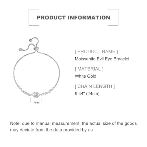 Solid 14K Gold Over 925 Silver Moissanite Evil Eye Bracelet for Women,Dainty Round Cut Moissanite Devil’s Eye Chain Bracelet,Lucky Jewelry Gift for Her,Adjustable 8" to 9" - color: White Gold