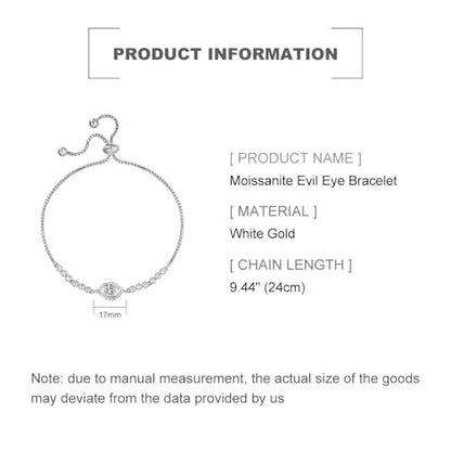 Solid 14K Gold Over 925 Silver Moissanite Evil Eye Bracelet for Women,Dainty Round Cut Moissanite Devil’s Eye Chain Bracelet,Lucky Jewelry Gift for Her,Adjustable 8" to 9" - color: White Gold
