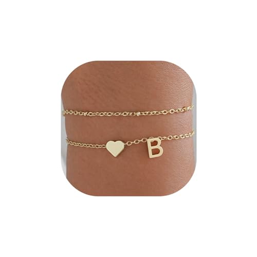 Gold Initial Bracelets for Women Trendy, Dainty Layered 14K Gold Plated Heart Letter Charm Bracelets, letter beads for name bracelets Jewelry Gifts - color: Gold-B