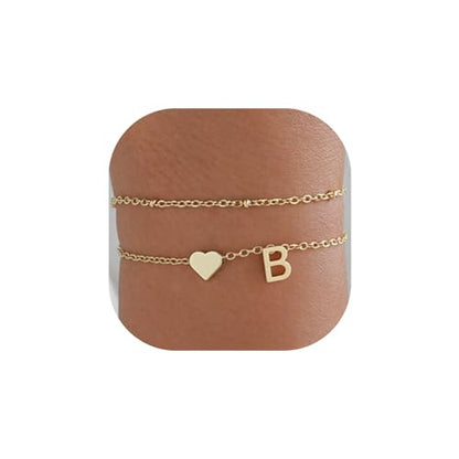 Gold Initial Bracelets for Women Trendy, Dainty Layered 14K Gold Plated Heart Letter Charm Bracelets, letter beads for name bracelets Jewelry Gifts - color: Gold-B