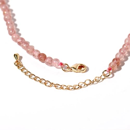 Simple 4mm Gemstones and Crystals Choker Necklace Unisex 16"-18" | Necklaces for Women Men, Adjustable, 40-45 cm Chain Length, Handmade, Spiritual Gemstones, Positive Energy, Daily Wear - style: Strawberry Quartz