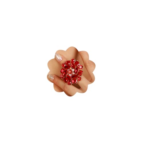 Xerling Red Rhinestone Big Flower Rings Women Crystal Cocktail Party Rings Bridal Wedding Prom Ring Aesthetic Costume Rings for Teens - color: Red