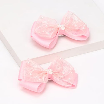 KISZU 4.5 Inch Flower Hair Bows Clips Mermaid Pearl HairPins for Girls Children Teens and Women - color: Pink