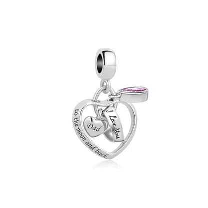 Interlocking Love Heart Dangle Charm fits Pandora Charms Bracelets with Pink Birthstone Cubic Zirconia I Love You to the Moon and Back - style: I Love You to the moon and back Dad