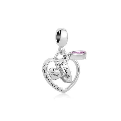 Interlocking Love Heart Dangle Charm fits Pandora Charms Bracelets with Pink Birthstone Cubic Zirconia I Love You to the Moon and Back - style: I Love You to the moon and back Dad