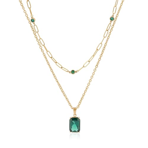 Birthstone Layered Pendant Paperclip Necklace 18k Gold Plated Heart Choker Chain Necklace Emerald Cut Jewelry Birthday Gift for Women - color: Rectangle Emerald