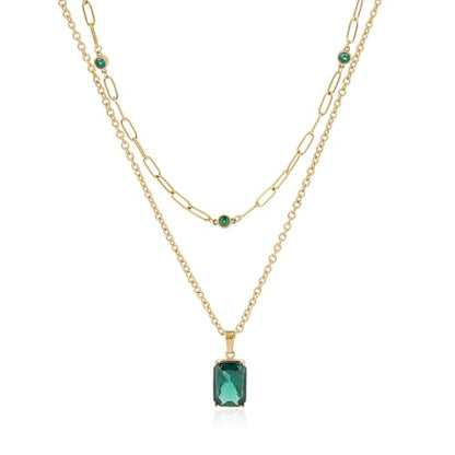 Birthstone Layered Pendant Paperclip Necklace 18k Gold Plated Heart Choker Chain Necklace Emerald Cut Jewelry Birthday Gift for Women - color: Rectangle Emerald